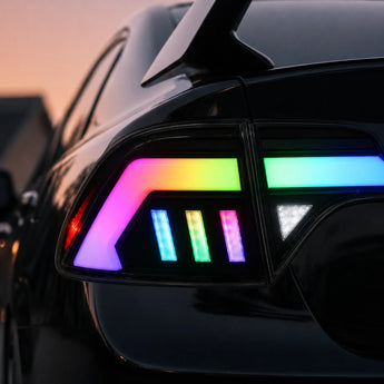 2006–2011 Honda Civic rear-view comparison with an OEM left tail light and illuminated PRISMBEAM RGB right tail light.
