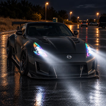 2008-2021 Nissan 370Z Z34 with illuminated PRISMBEAM chrome RGB projector headlights at night