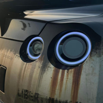 zoom in view of nissan gtr right rgb tail lights blue light on