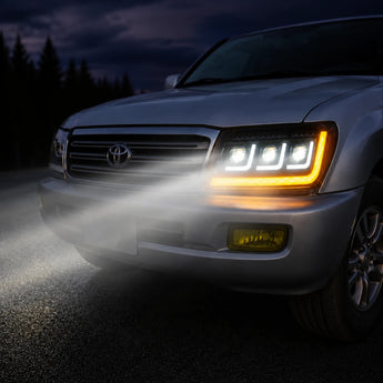 Toyota Land Cruiser LED headlight with turn signal and projector beams at dusk | SKU: H-LC100-04