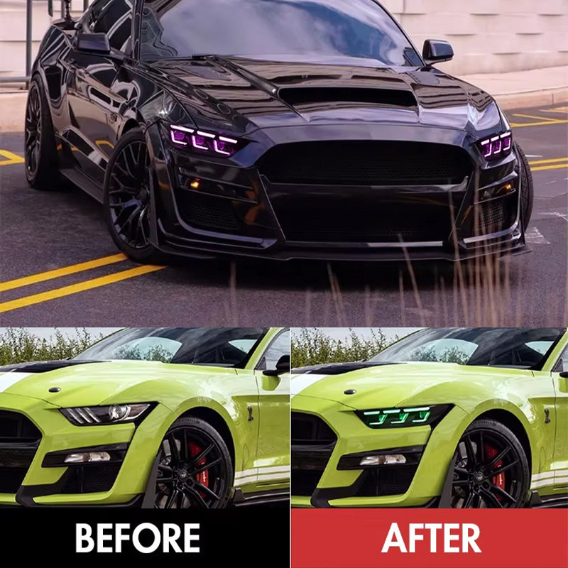 comparison before and after the Ford Mustang RGB Headlights installed