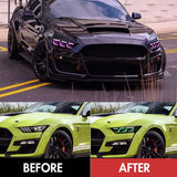 comparison before and after the Ford Mustang RGB Headlights installed