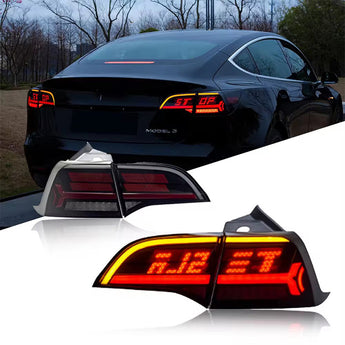 Tesla LED tail lights on look on a  car