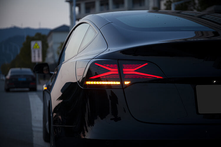 Tesla led and rgb tail lights effect at dawn