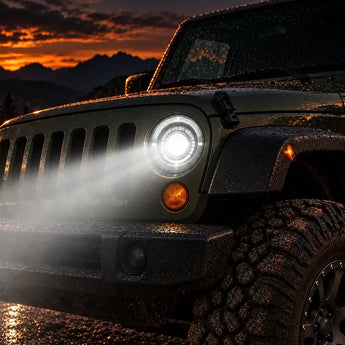 Jeep Wrangler TJ JK chrome 7-inch LED projector headlight on a mountain road at sunset | SKU: HY-LED-254C