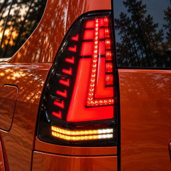 2003-2009 Lexus GX470 Sequential LED Tail Lights Assembly — Pair — All lighting functions illuminated close-up — T-GX470-03-SW