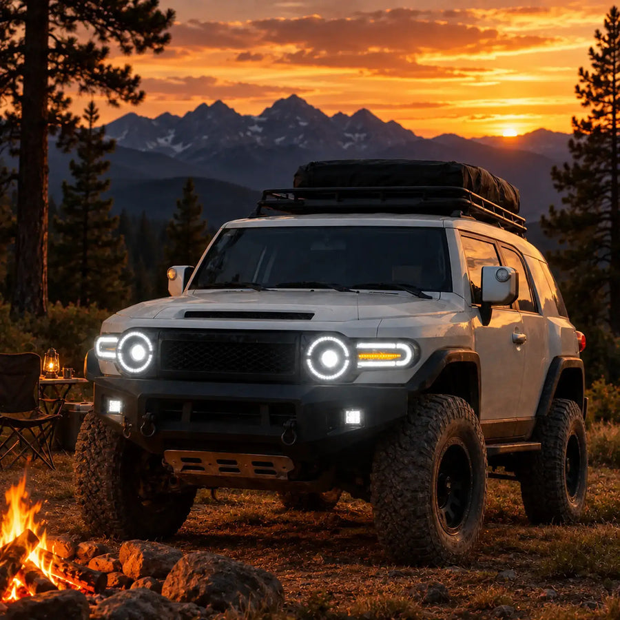 2007-2014 Toyota FJ Cruiser with PRISMBEAM white DRLs and amber turn signals at an overland campsite at dusk
