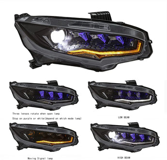 Honda civic rotaing 16-22 headlights signal light effects as low beam, high beam and moving signal