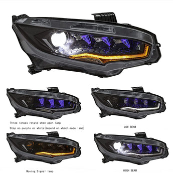 Honda civic rotaing 16-22 headlights signal light effects as low beam, high beam and moving signal