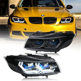 front and back of BMW E90 Xenon Headlights, shows how the light looks on a car