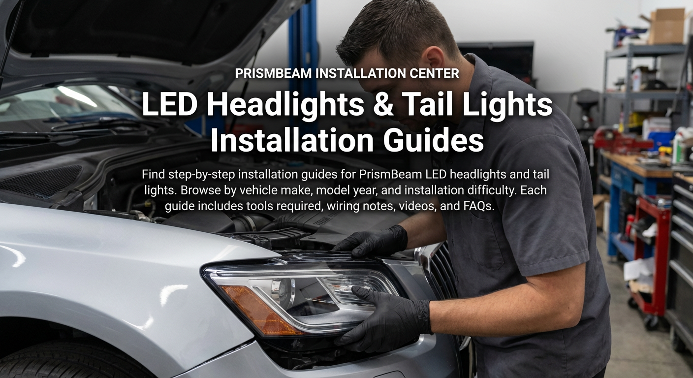 Person working on a car's LED headlights and tail lights in a prismbeam workshop setting.